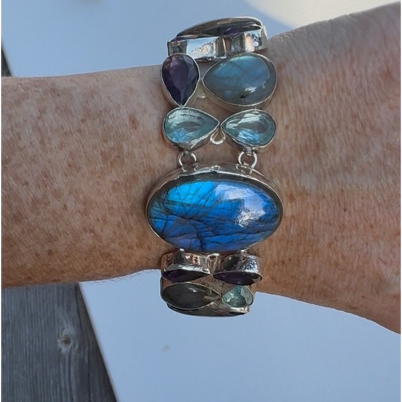Sterling Silver Labradorite Amethyst Blue Topaz Multi Gemstone Bracelet T Clasp - Picture 1 of 6